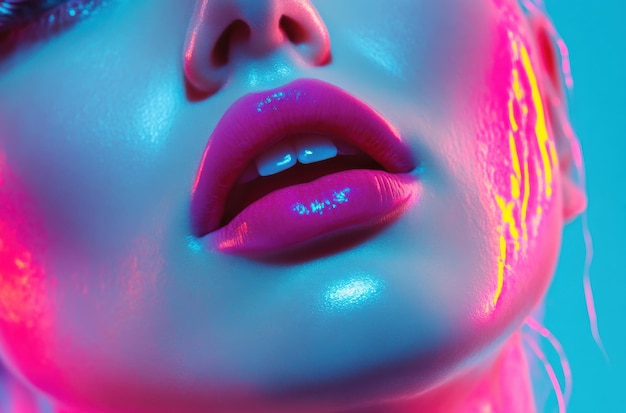 Photo womans face mouth open wearing pink lipstick with colorful neon light