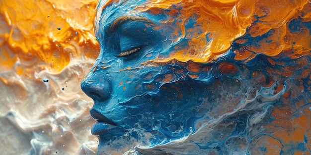 Womans Face Painted in Blue and Orange Generative AI