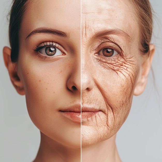 Photo womans face showing a comparison between youthful skin on one side and aged skin with wrinkles