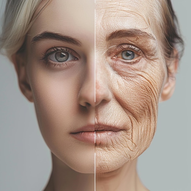 Photo womans face showing a comparison between youthful skin on one side and aged skin with wrinkles