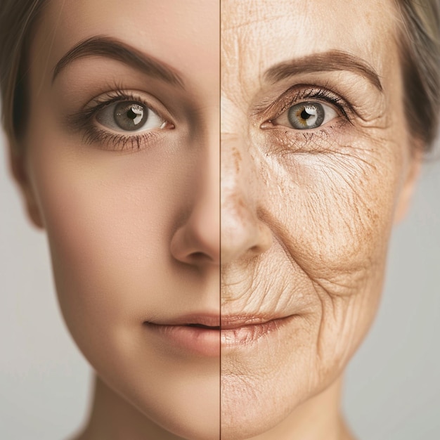 Photo womans face showing a comparison between youthful skin on one side and aged skin with wrinkles