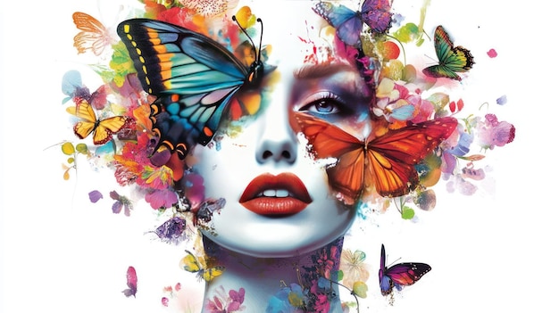 Photo a womans face surrounded by butterflies and flowers