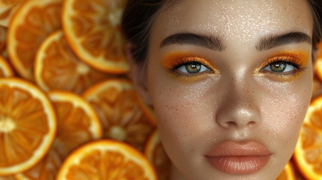 Photo a womans face surrounded by orange slices