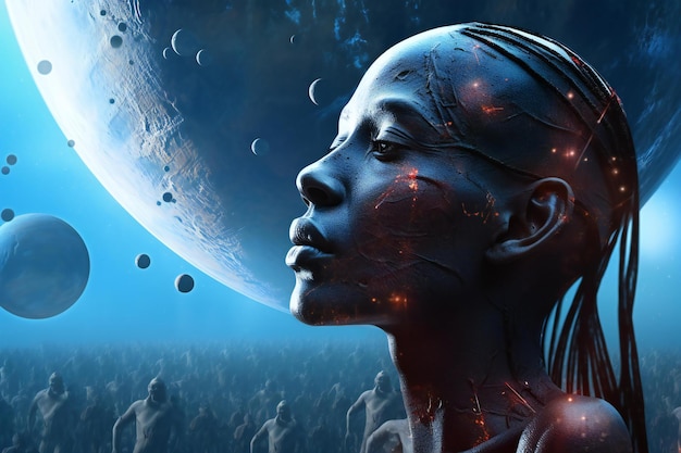 A womans face surrounded by planets and stars