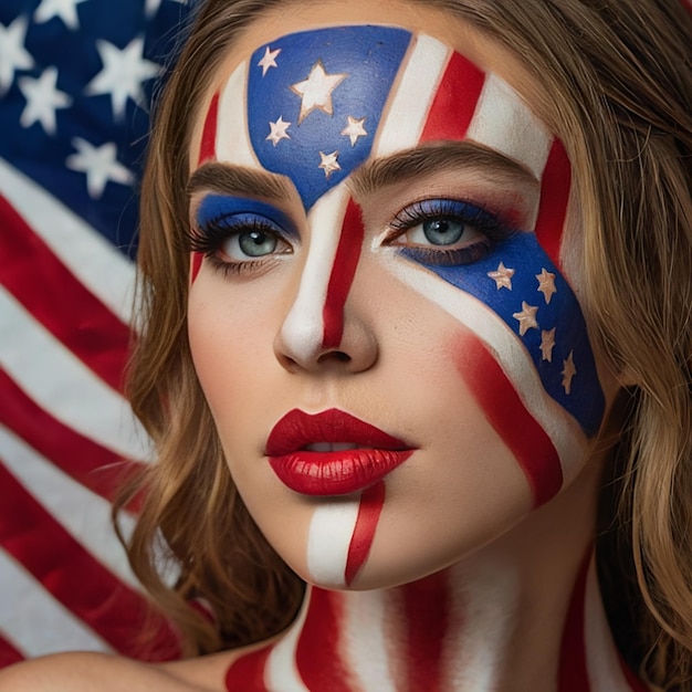 The womans face was adorned with makeup inspired by the iconic American flag