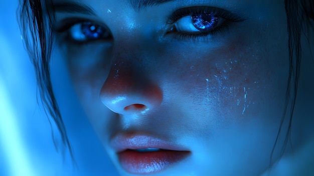 Photo a womans face with blue eyes and a blue background