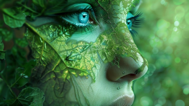 A womans face with blue eyes covered in green leaves appears to be emerging from a forest