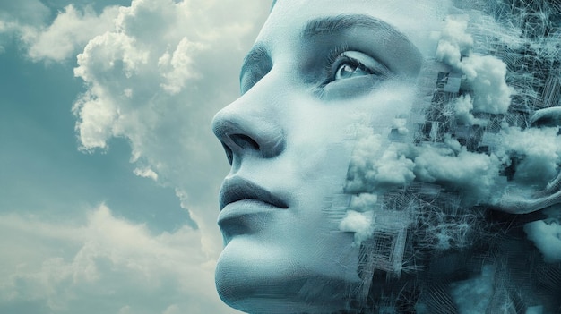 A womans face with clouds and a blue sky in the background AI