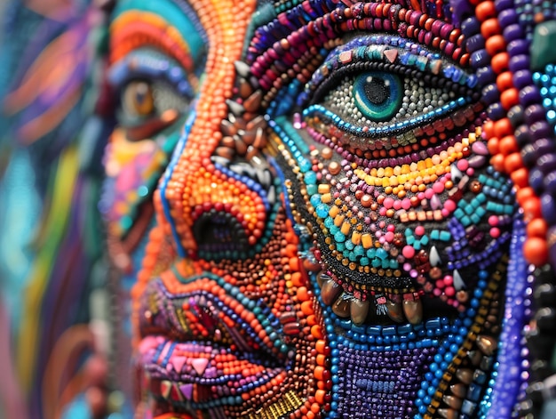 a womans face with colorful beads and eyes