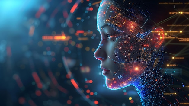 a womans face with a digital display of the universe