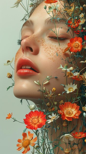 a womans face with flowers in the background