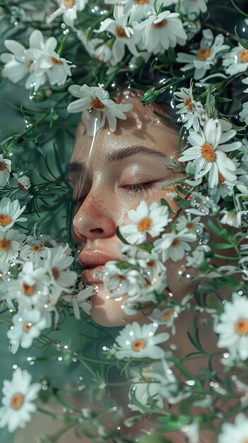 Photo a womans face with flowers in the background