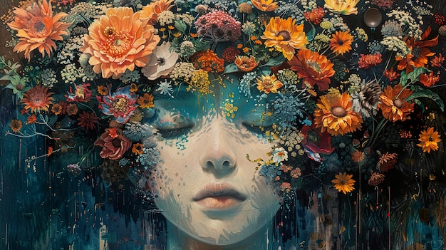 a womans face with flowers in the hair and the words  flowers