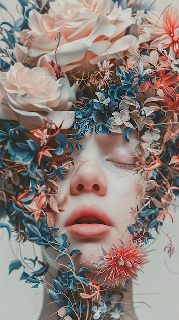 a womans face with flowers and leaves