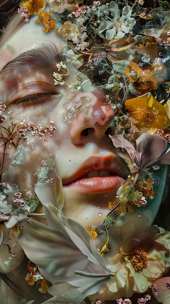 a womans face with flowers and leaves