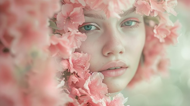 Photo a womans face with flowers in the reflection of her face