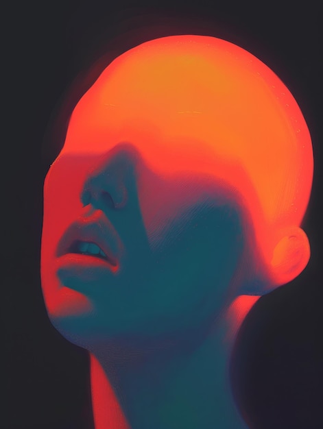 a womans face with a red and blue light