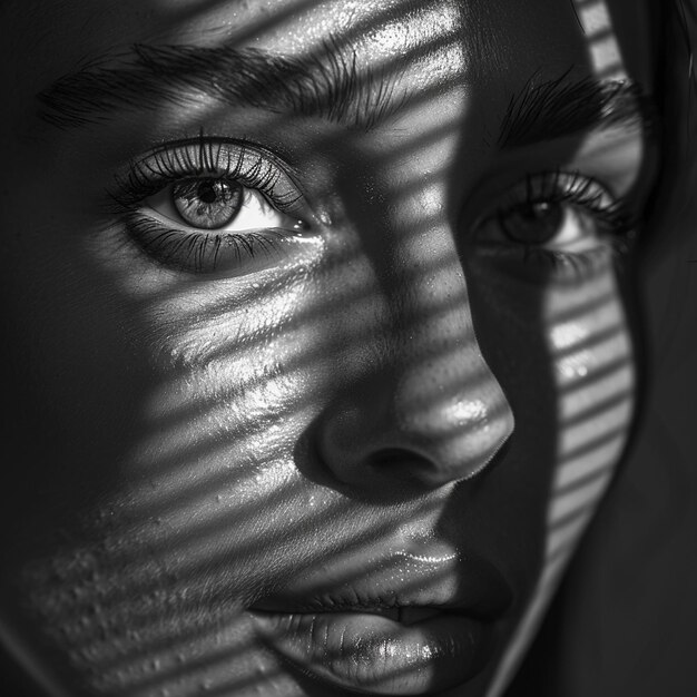 a womans face with the sun shining through the blinds