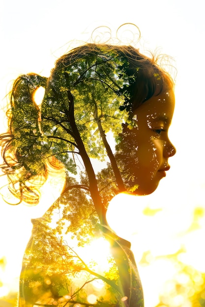 Womans face with tree in the middle of her head