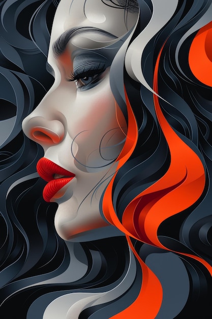 Womans Face With Wavy Hair and Red Lipstick