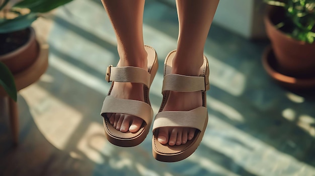 Photo a womans feet in beige platform sandals with two straps floating in the air