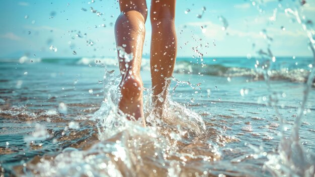 A womans feet run through the shallow surf creating a beautiful spray of water as the sun shines brightly in a clear sky