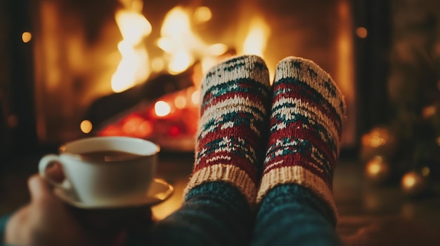 Womans Feet in Woolen Socks by the Christmas Fireplace