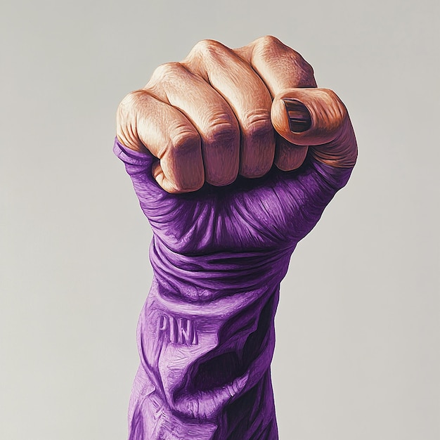 Photo womans fist painted in purple with stripes