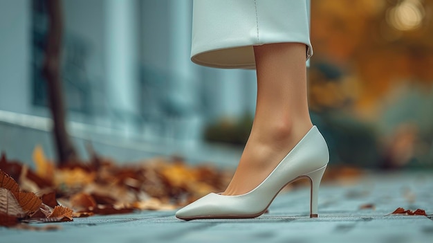 Photo womans foot in white high heels on a path with fall leaves