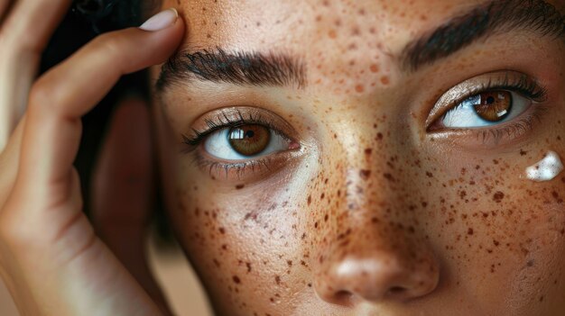 Photo a womans freckled face closeup