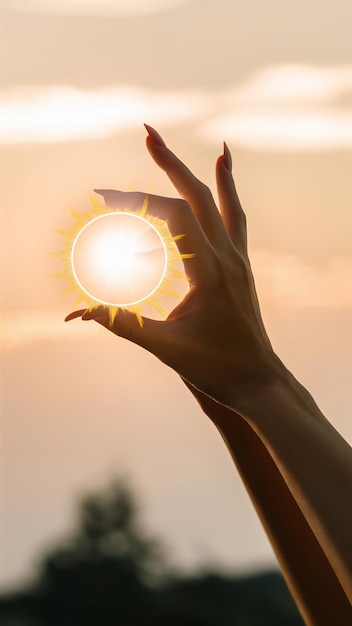 Photo womans hand creates a frame in front of the sun idea of vision and focus