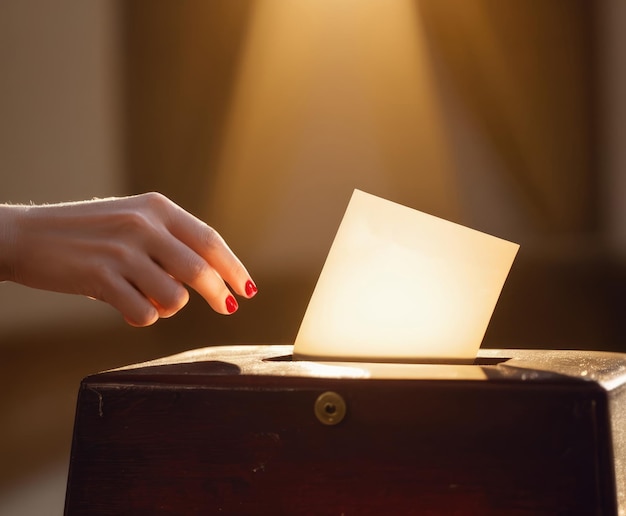 A womans hand dropped the ballot into the ballot box