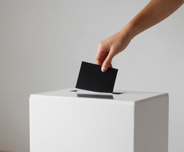 A womans hand drops a black ballot into the ballot box