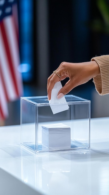 Photo a womans hand drops a vote into a clear glass ballot box filled with ballots with the us flag