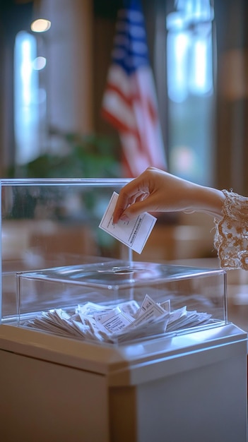 Photo a womans hand drops a vote into a clear glass ballot box filled with ballots with the us flag