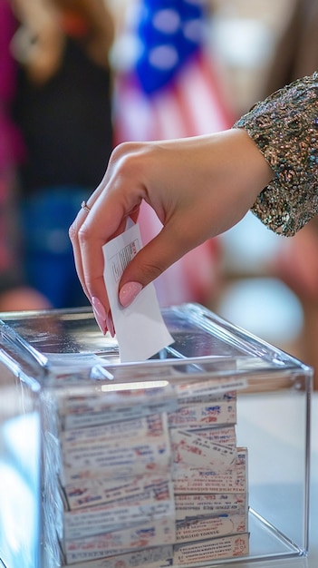 Photo a womans hand drops a vote into a clear glass ballot box filled with ballots with the us flag