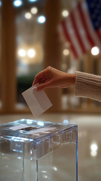 Photo a womans hand drops a vote into a clear glass ballot box filled with ballots with the us flag