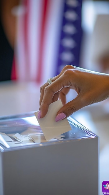 Photo a womans hand drops a vote into a clear glass ballot box filled with ballots with the us flag