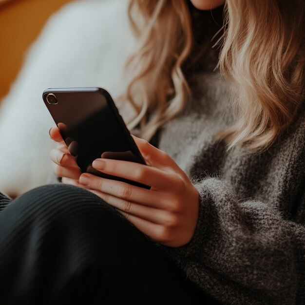 Photo womans hand holding a black smartphone while sitting on a couch wearing a gray sweater