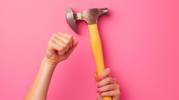 Photo womans hand holding a construction hammer on a solid pink background