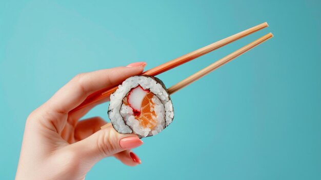 Photo womans hand holding delicious sushi roll with chopsticks