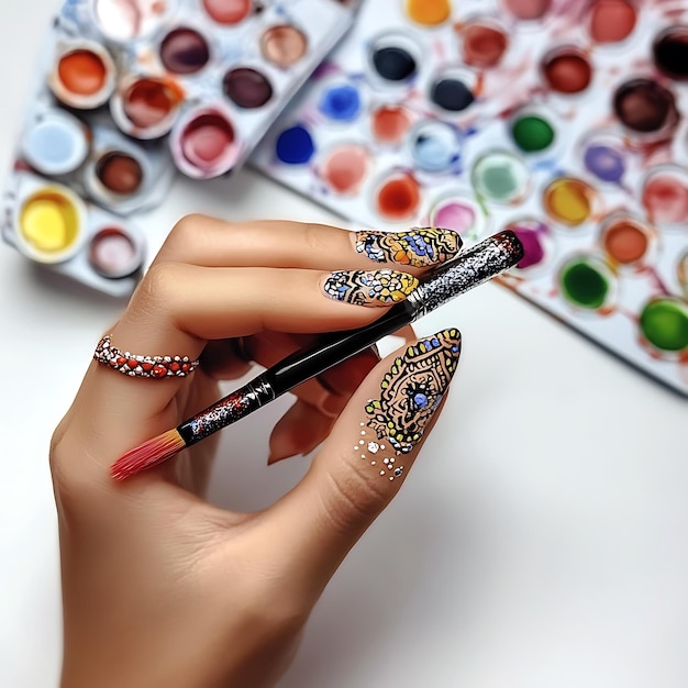 Photo womans hand holding a paintbrush with detailed nail art and watercolor paints in the background