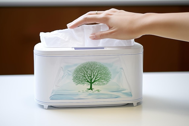 Womans hand holding a tissue box with green tree image