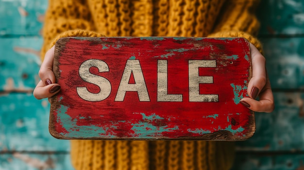 Photo womans hand holding weathered red sign indicating sale concept background generative ai