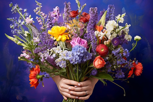 Womans hand holds a spring bouquet of flowers for womens day