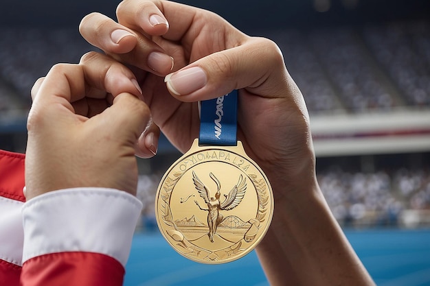 Photo womans hand raising olympic gold medal in victory