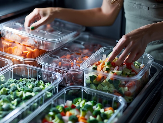 Photo a womans hand reaches out to a plastic containers with fresh vegetables