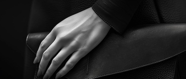 Photo womans hand reaching for black and white bag