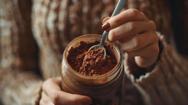 Photo a womans hand scoops cocoa powder from a glass jar with a spoon the powder is a rich brown color and fills the jar