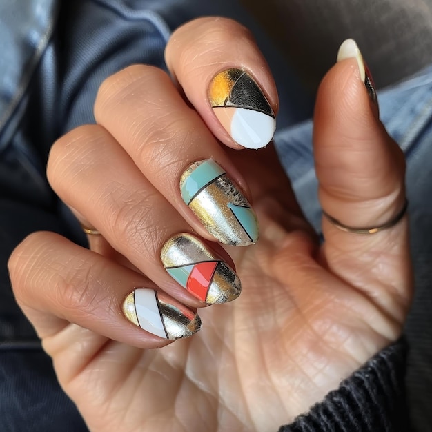 Photo a womans hand showcasing intricate geometric patterns on her nails with metallic accents geometric nail art designs featuring metallic accents